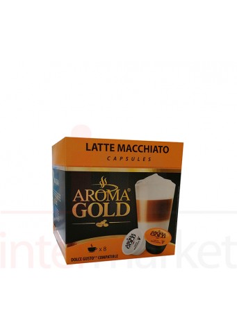 Maltos skrudintos kavos ir nugriebto pieno miltelių kapsulės su cukrumi Aroma Gold Latte Macchiato 193,6 g